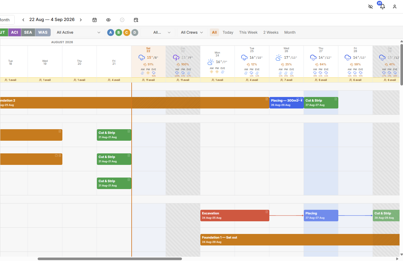 ConcreteConnect live schedule showing jobs, crews and pours with customer details removed